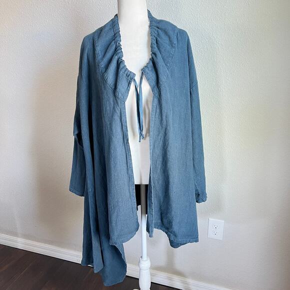 New Bryn Walker Lagenlook Linen Asymmetrical Open Front jacket Women's L Blue - Picture 1 of 8